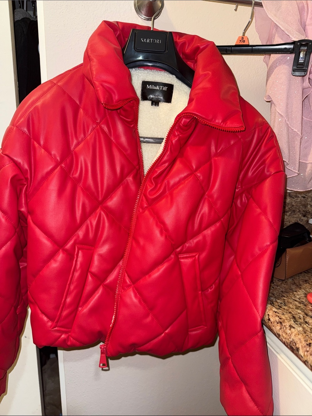 Red Quilted Faux-Leather Puffer Jacket